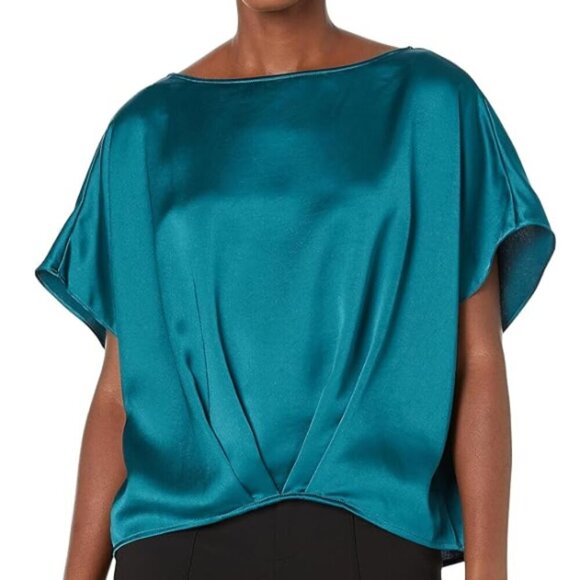 Trina Turk 'Pastilla' Short-Sleeve Satin Pullover Top, Pool Teal - Picture 1 of 2